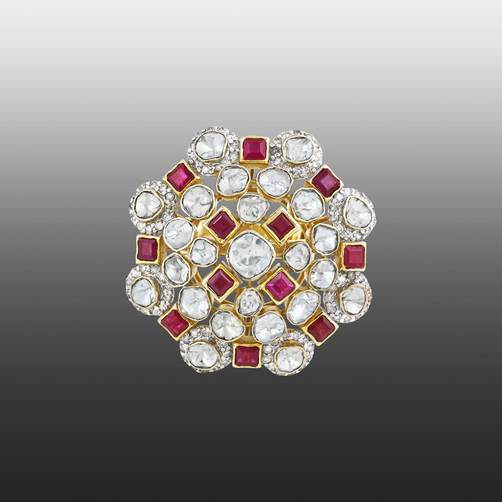 Floral Polki Ring with Square-Cut Red Stone and Diamond Border